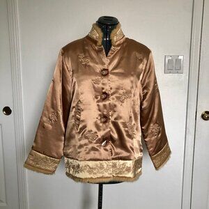Light Copper Color Satiny Jacket with Embroidered Flowers and faux fur trim